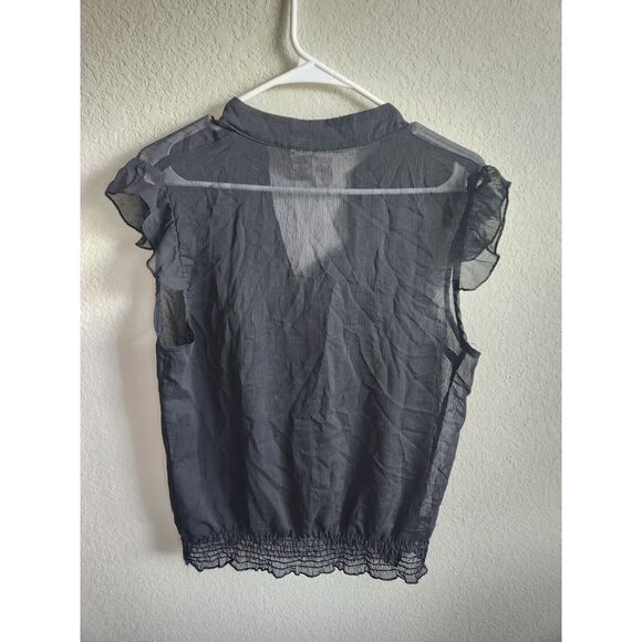 Vintage L8ter Later Womens Sz S Semi Sheer Short Sleeve Blouse Black Ruffled - Picture 3 of 3